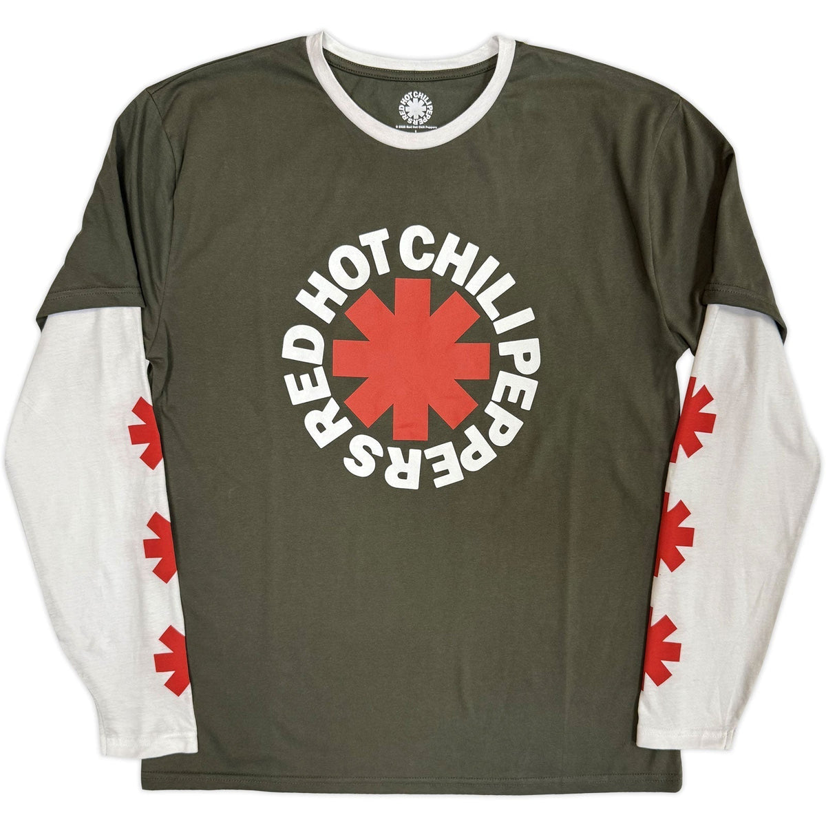 Olive green long sleeve t-shirt with Red Hot Chili Peppers logo.