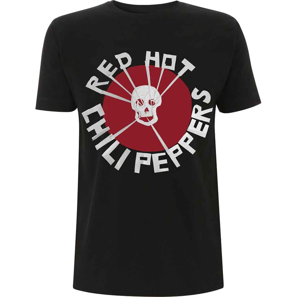 Black t-shirt with a red and white Red Hot Chili Peppers skull design.