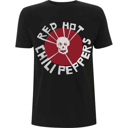 Black t-shirt with a red and white Red Hot Chili Peppers skull design.
