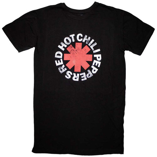 Red t-shirt dress with a white asterisk logo, Red Hot Chili Peppers branding.