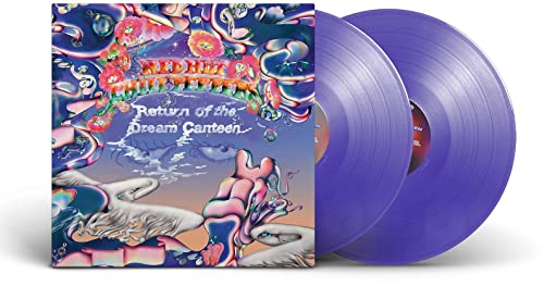 Vinyl records and cover with colorful abstract design and white and orange text.