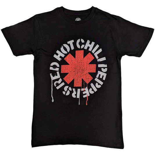 Black t-shirt featuring a red asterisk logo surrounded by grey stencil-style text.