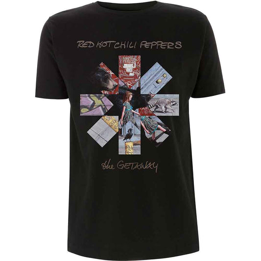 Black t-shirt with Red Hot Chili Peppers “The Getaway” album art.