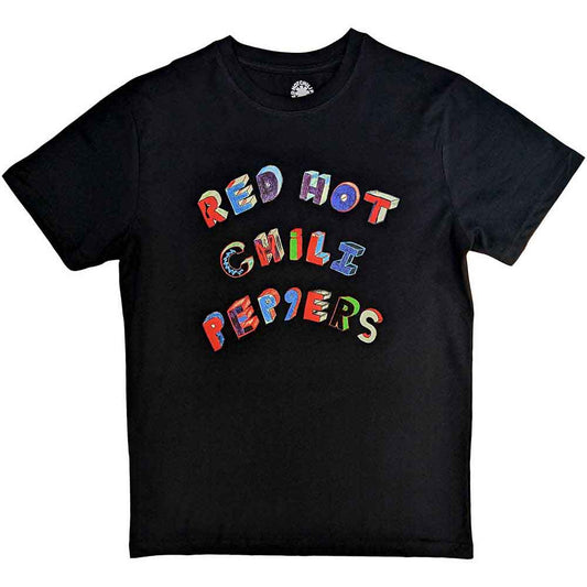 A black unisex t-shirt featuring the Red Hot Chili Peppers logo in colourful letters.
