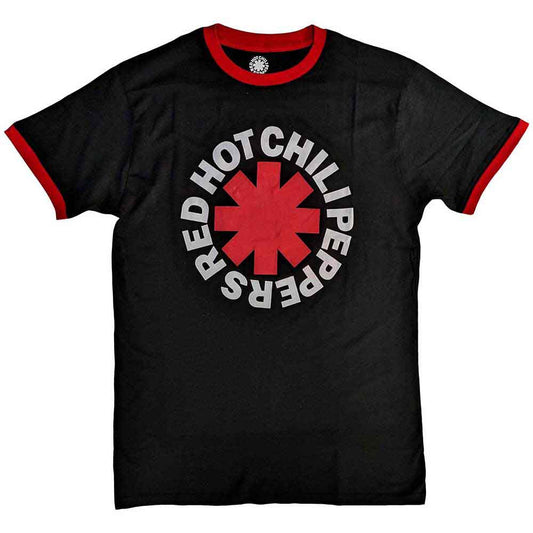White unisex ringer t-shirt with red trim and a black Red Hot Chili Peppers asterisk.