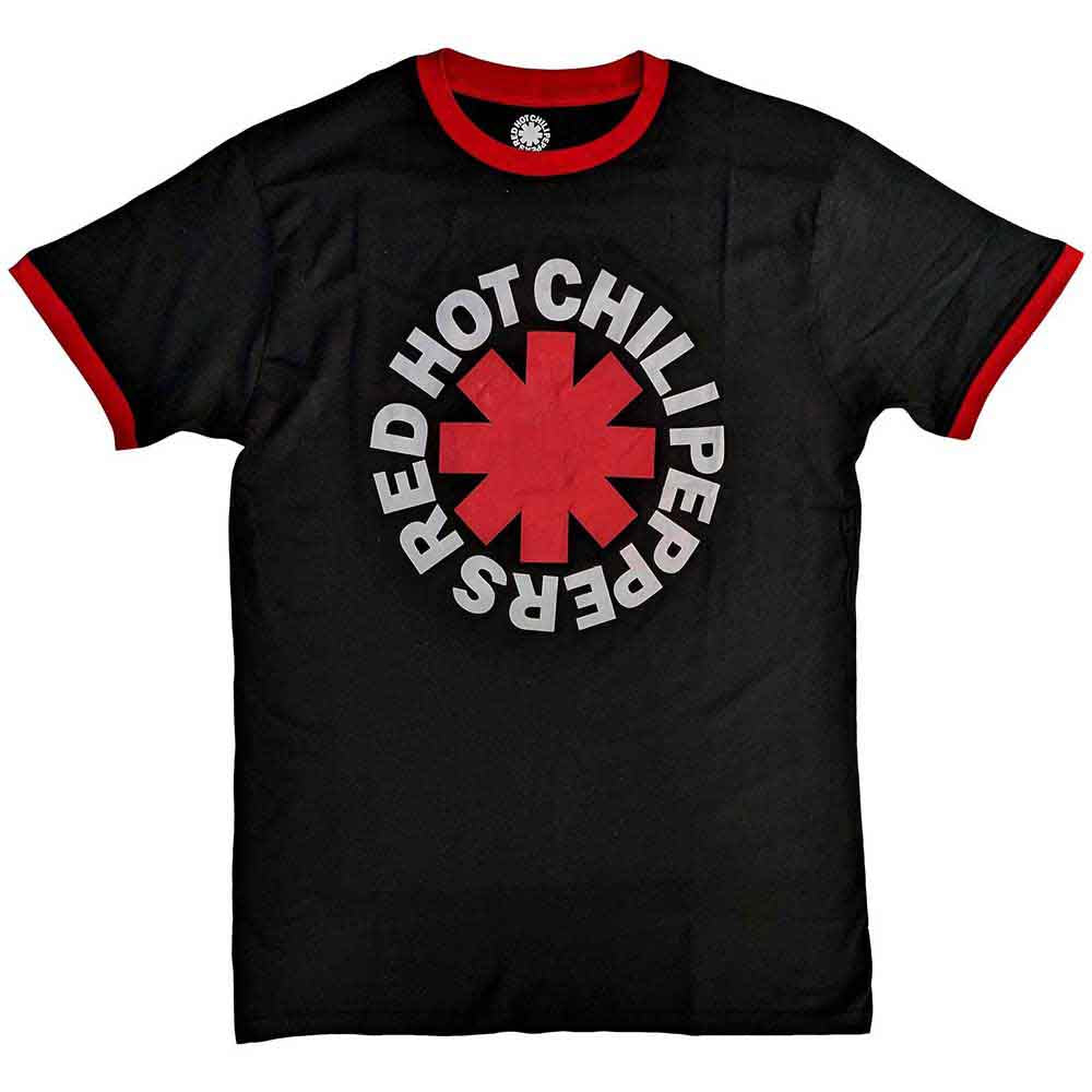White unisex ringer t-shirt with red trim and a black Red Hot Chili Peppers asterisk.
