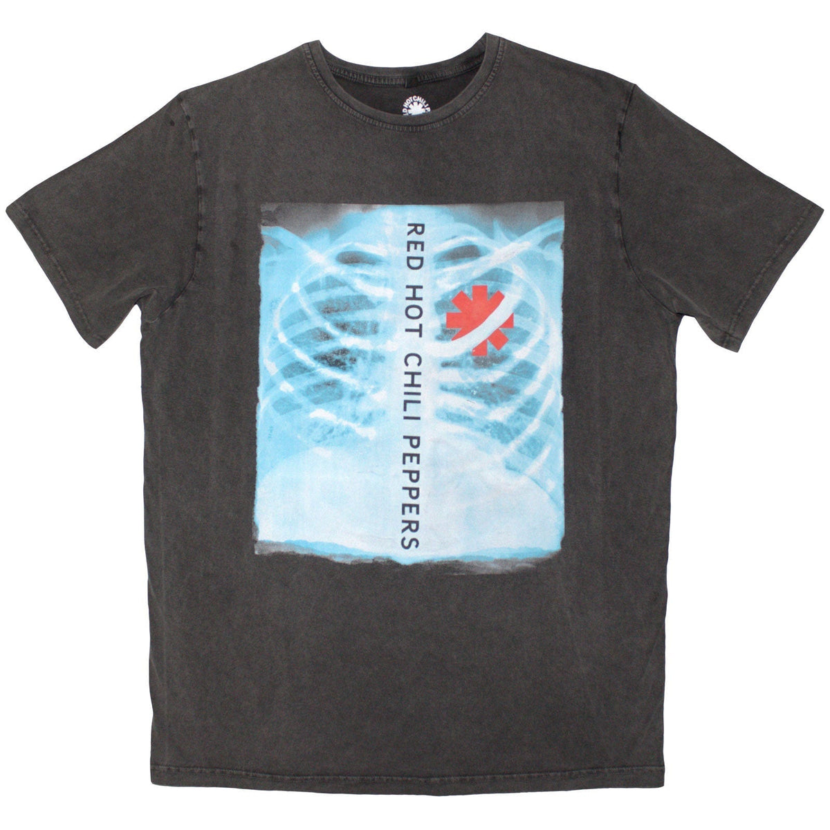 Charcoal grey, stone wash t-shirt featuring Red Hot Chili Peppers “X-Ray” artwork.