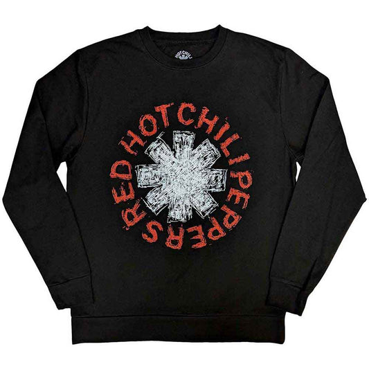 Red sweatshirt with white “Red Hot Chili Peppers” scribble and asterisk design.