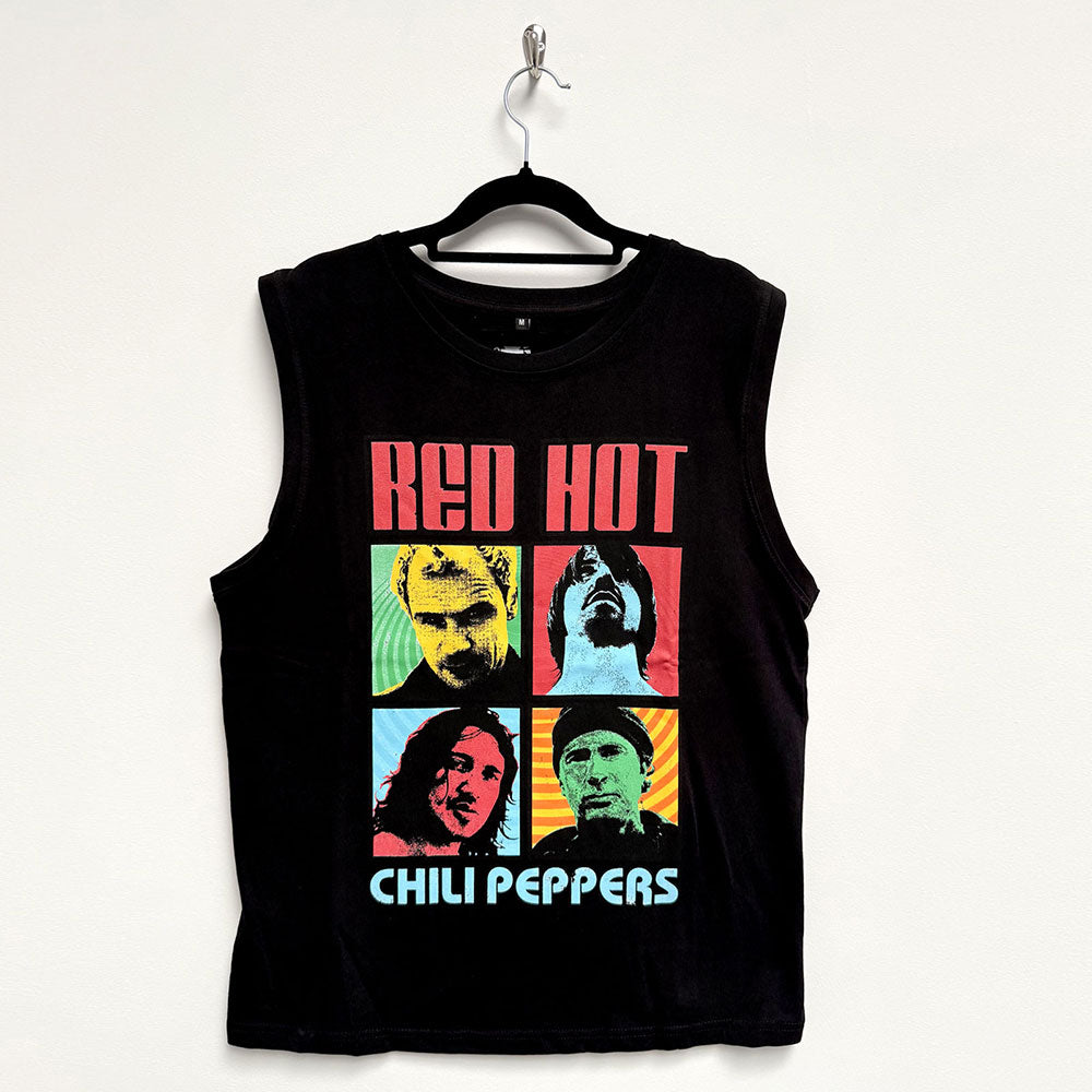 Black unisex tank top featuring a graphic of Red Hot Chili Peppers portrait photos.