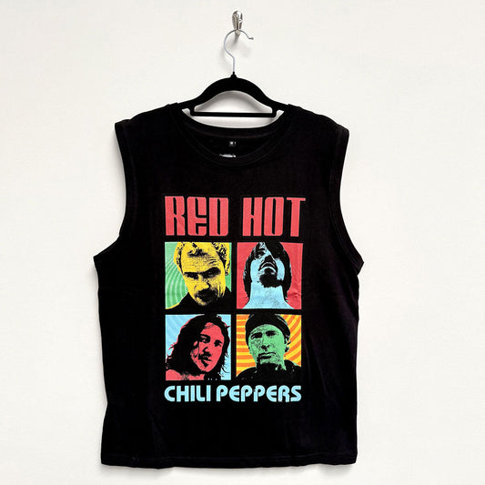 Black unisex tank top featuring a graphic of Red Hot Chili Peppers portrait photos.