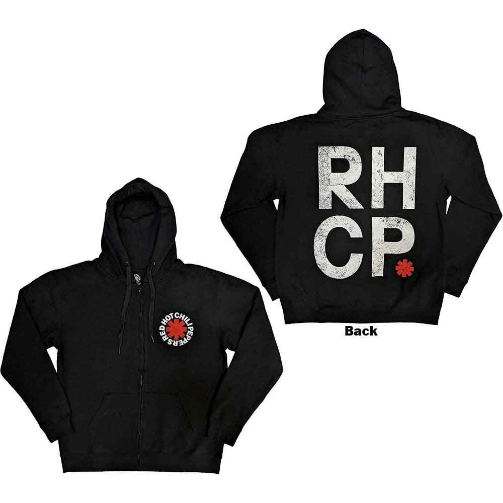 Red zipped hoodie with Red Hot Chili Peppers’ “Red Asterisk” design on back.