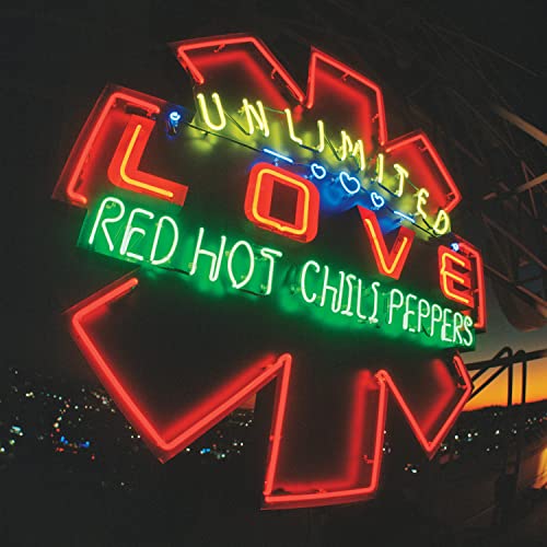Neon sign spelling "Unlimited Love" and "Red Hot Chili Peppers".