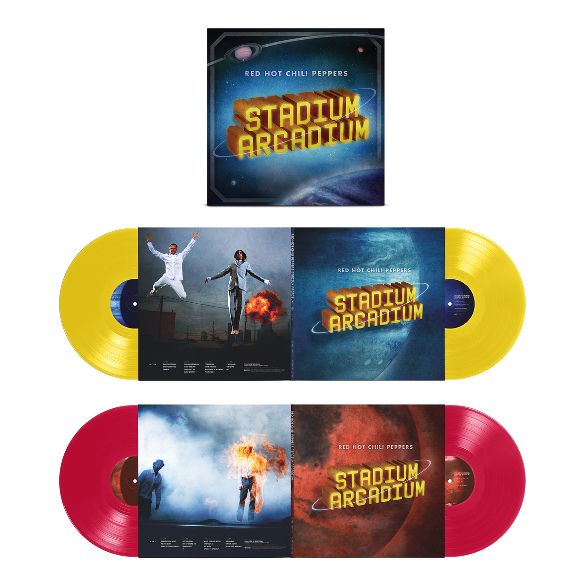 Red Hot Chili Peppers "Stadium Arcadium" vinyl records in yellow and red.