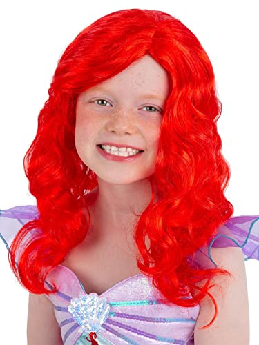 Girl wearing a long, wavy, bright red mermaid-style wig.