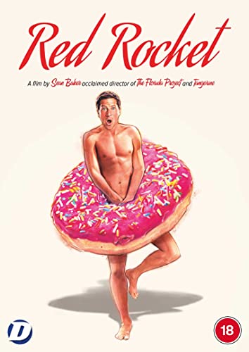 A shirtless man stands inside a large pink frosted donut on a cream background.