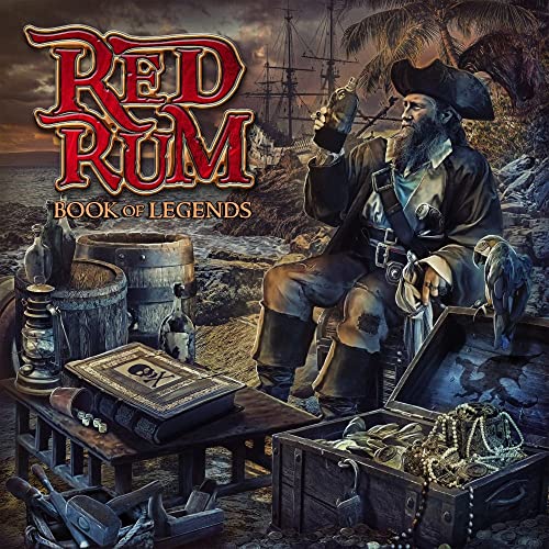 CD cover: pirate with treasure, ship, and book on rocky shore.