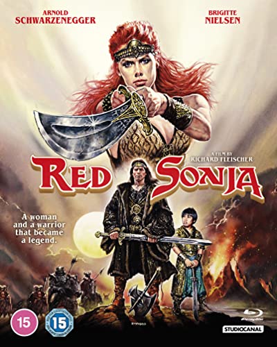 Red Sonja Blu-ray cover art featuring Brigitte Nielsen, Arnold Schwarzenegger, and a young boy.