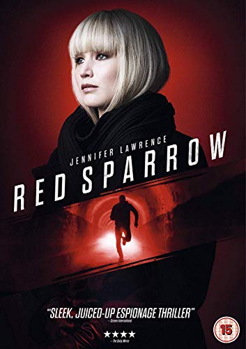 Red Sparrow DVD cover featuring Jennifer Lawrence, a shadowy figure, and red tones.