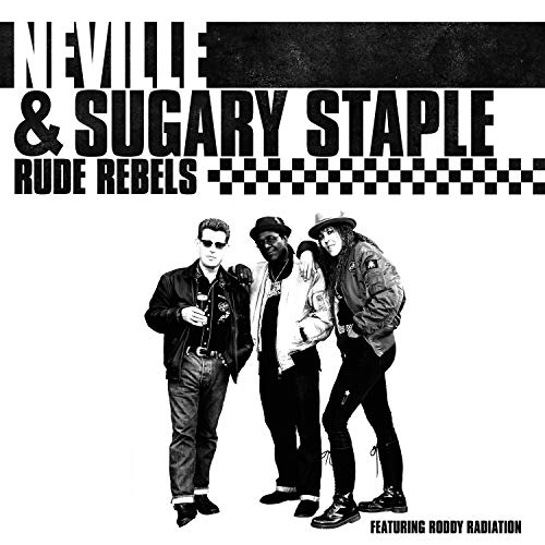 Black and white album cover featuring three musicians and checkered pattern.