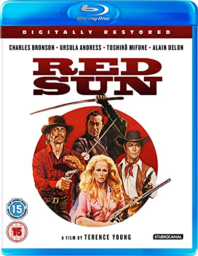 Blu-ray cover for “Red Sun” featuring Bronson, Andress, Mifune, and Delon.