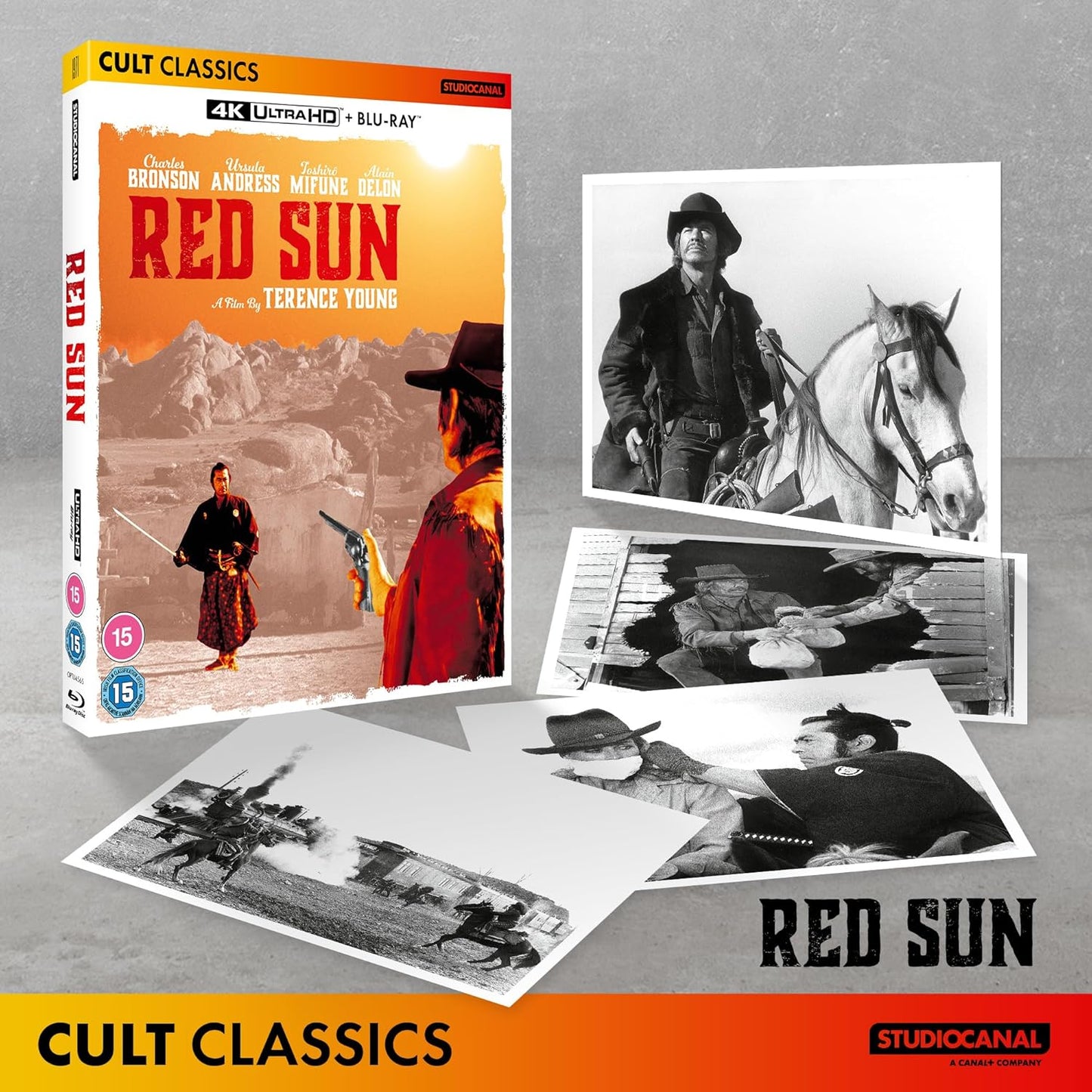 Blu-ray cover for “Red Sun” featuring Bronson, Delon, and a horse.