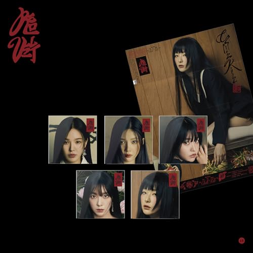 Red Velvet members’ portraits and album art with dark, moody tones.