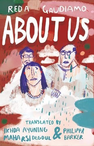 Book cover: "About Us" with illustrated portraits and red background.