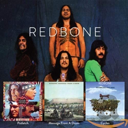 Redbone band portrait with album covers for "Potlatch," "Message From A Drum," and "Cycles.