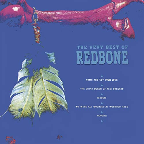 "CD cover with blue background, pink arm, and green leaf, titled 'The Very Best of Redbone'."