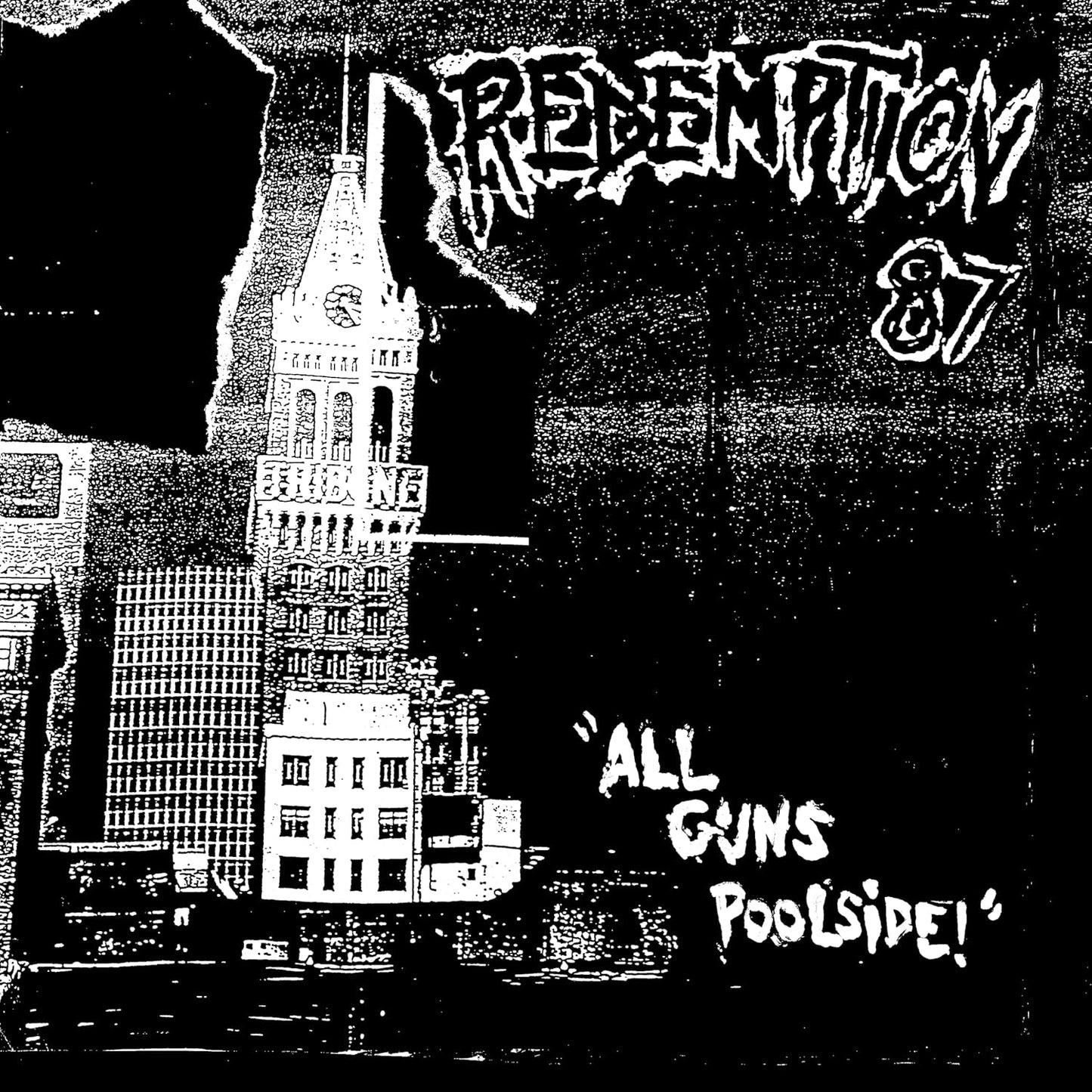 Black and white album cover with stylized city skyline and text.