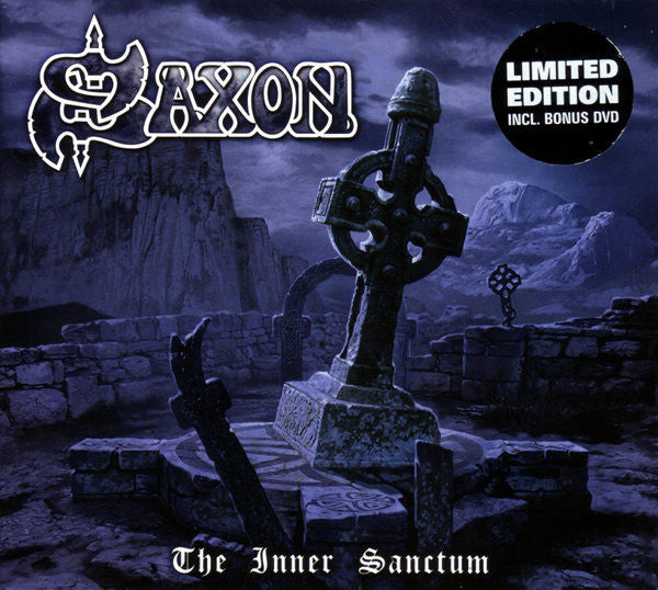 Saxon album cover, "The Inner Sanctum," featuring a Celtic cross.