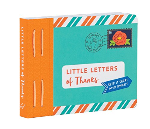 A teal and orange book titled Little Letters of Thanks with a floral stamp.