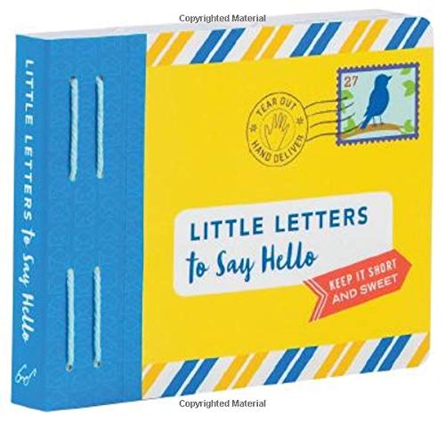 Small, square book with blue cover and illustrated envelope design.