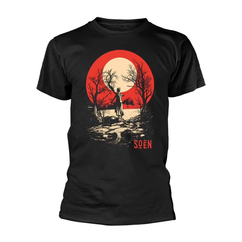 Black t-shirt with a graphic of a red moon and silhouetted trees.