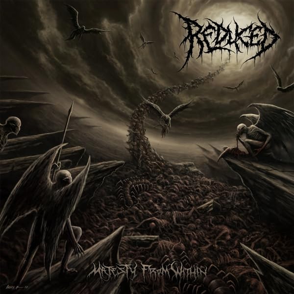 Dark fantasy art featuring winged creatures, a pile of bodies, and the band logo.