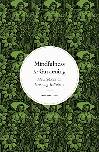 Book cover with a green repeating pattern of gardeners and flowers and central text.