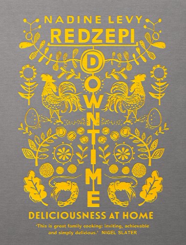 Book cover with yellow folk-art illustrations of roosters, plants, and food on grey background.