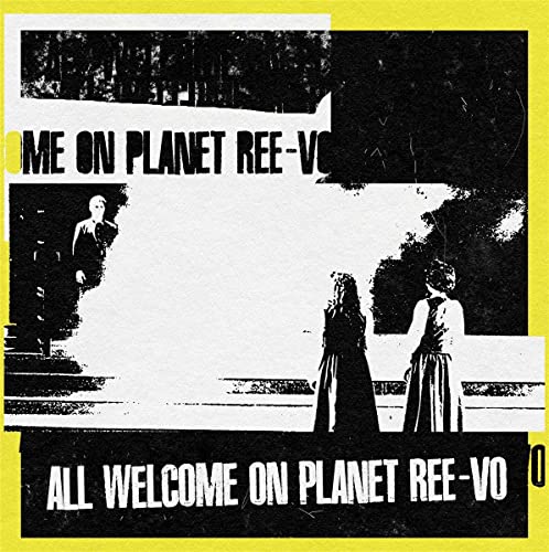 Black and white collage art with figures and text on a bright yellow background.