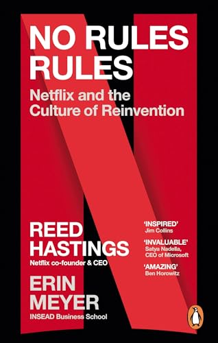 Book cover: "No Rules Rules" by Reed Hastings and Erin Meyer, red background.