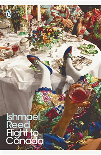 Book cover: “Flight to Canada” with a lavishly decorated table and feet up.