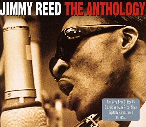 CD cover for Jimmy Reed’s “The Anthology” featuring a microphone and portrait.