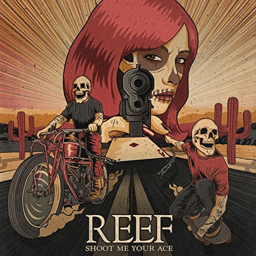 Album art featuring a woman holding a gun, a skeleton on a motorcycle, and skateboarder.