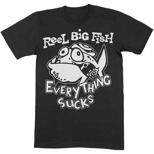 Black t-shirt with white text and cartoon fish graphic.