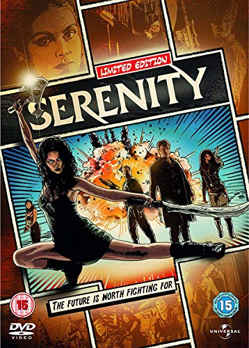 Serenity" DVD cover featuring action poses, explosions, and character portraits.