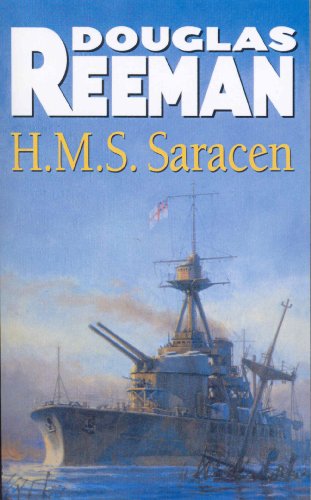 Book cover depicting a grey warship, H.M.S. Saracen, at sea.