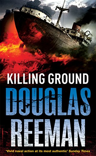 Book cover: ship amidst fiery explosion, title "Killing Ground" by Douglas Reeman.