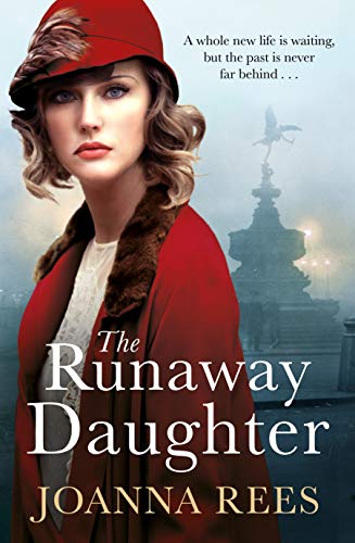 Book cover: woman in red hat, London backdrop, title "The Runaway Daughter".