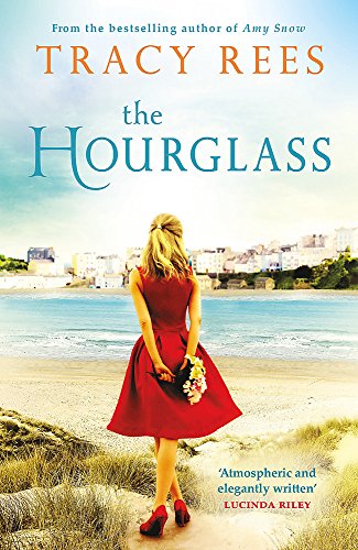 Book cover: woman in red dress on a beach, coastal town background.