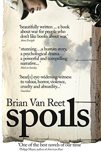 Book cover for “Spoils” by Brian Van Reet, with a cloudy sky background.