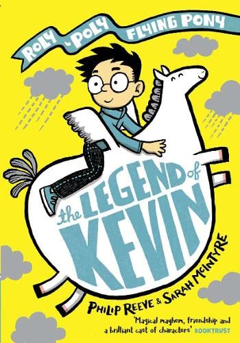 Boy riding a white pony with wings on a yellow background.